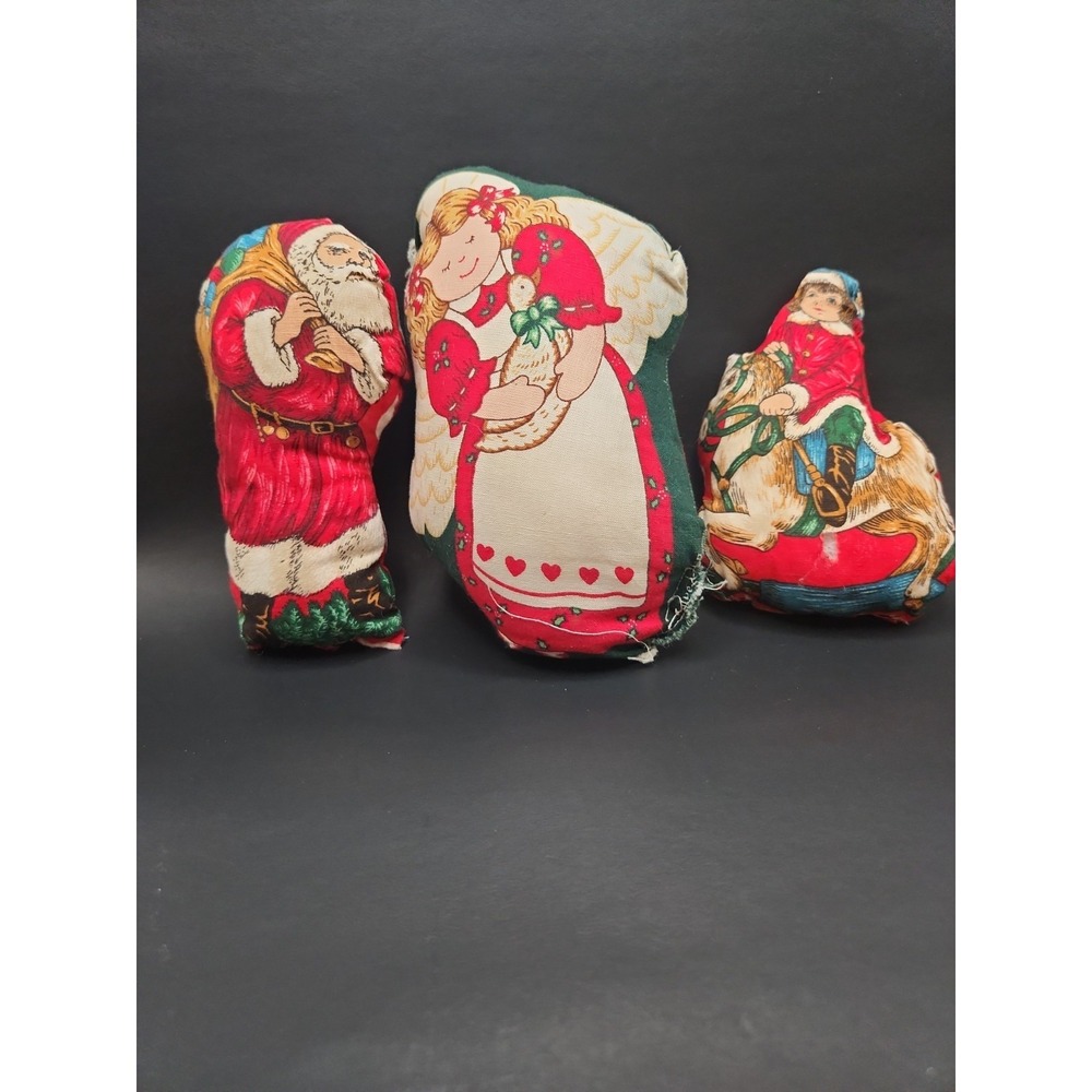 3 Vtg Christmas Fabric Ornaments Santa Angel Child Rocking Horse Bowl Filler